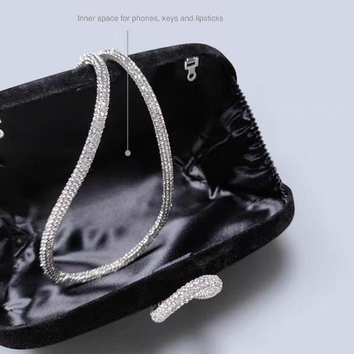 Luxe zwart fluwelen feestclutch-fonkelende diamanten riem