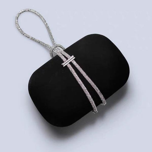 Luxe zwart fluwelen feestclutch-fonkelende diamanten riem