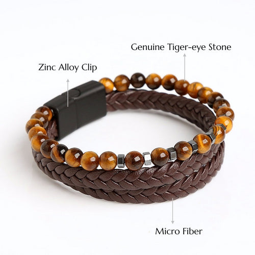 Gevlochten leren armband met echte stenen
